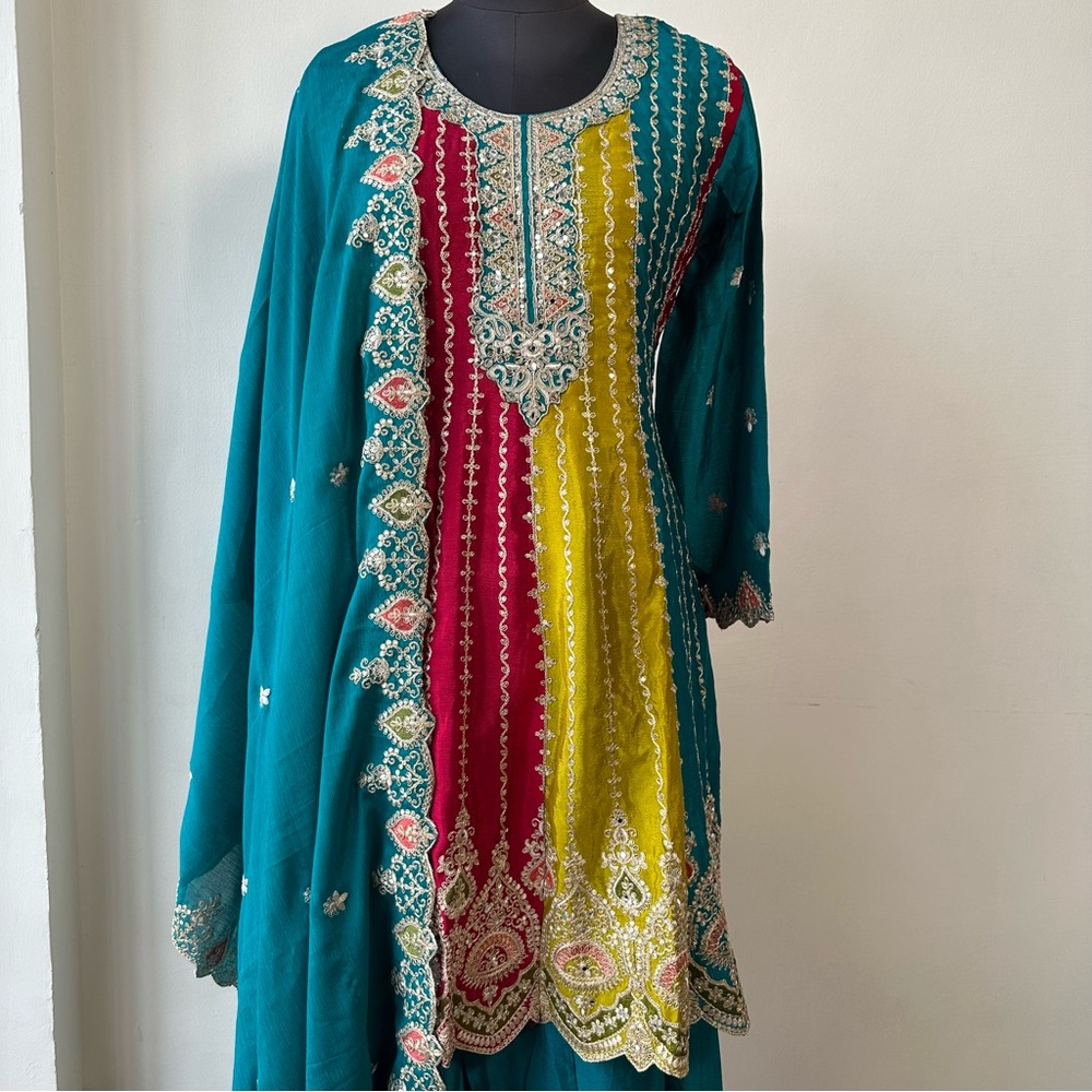 Teal Anarkali Palazzo Set w/ Dupatta | Embroidered Zari Ethnic - Picture 4 of 16